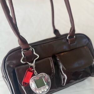 Korean style Classic Brown Patent Shoulder Bag with Keychain Charms